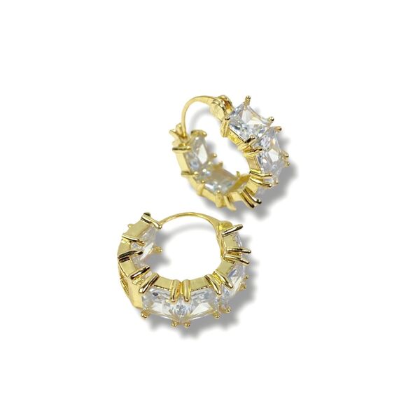 Clear Rhinestone Hoop Earrings Pierced Gold Tone Sparkle Evening Elegant Jewelry - Picture 1 of 10